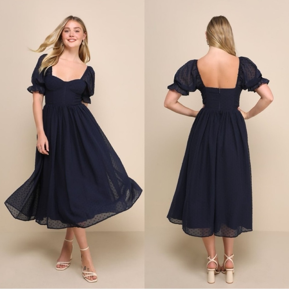Lulus Flawless Elegance Navy Swiss Dot Puff Sleeve/Bustier Midi Dress Size XL